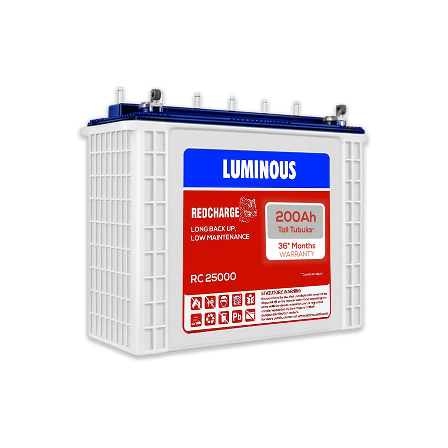 Luminous Red Charge RC 25000 200 Ah Tall Tubular Inverter Battery for Home, Office & Shops (Blue & White)