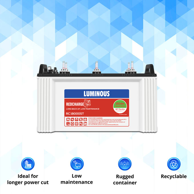  Luminous Red Charge RC 18000ST 150AH Short Tubular Inverter Battery - 36-Month Warranty for Home, Office & Shops