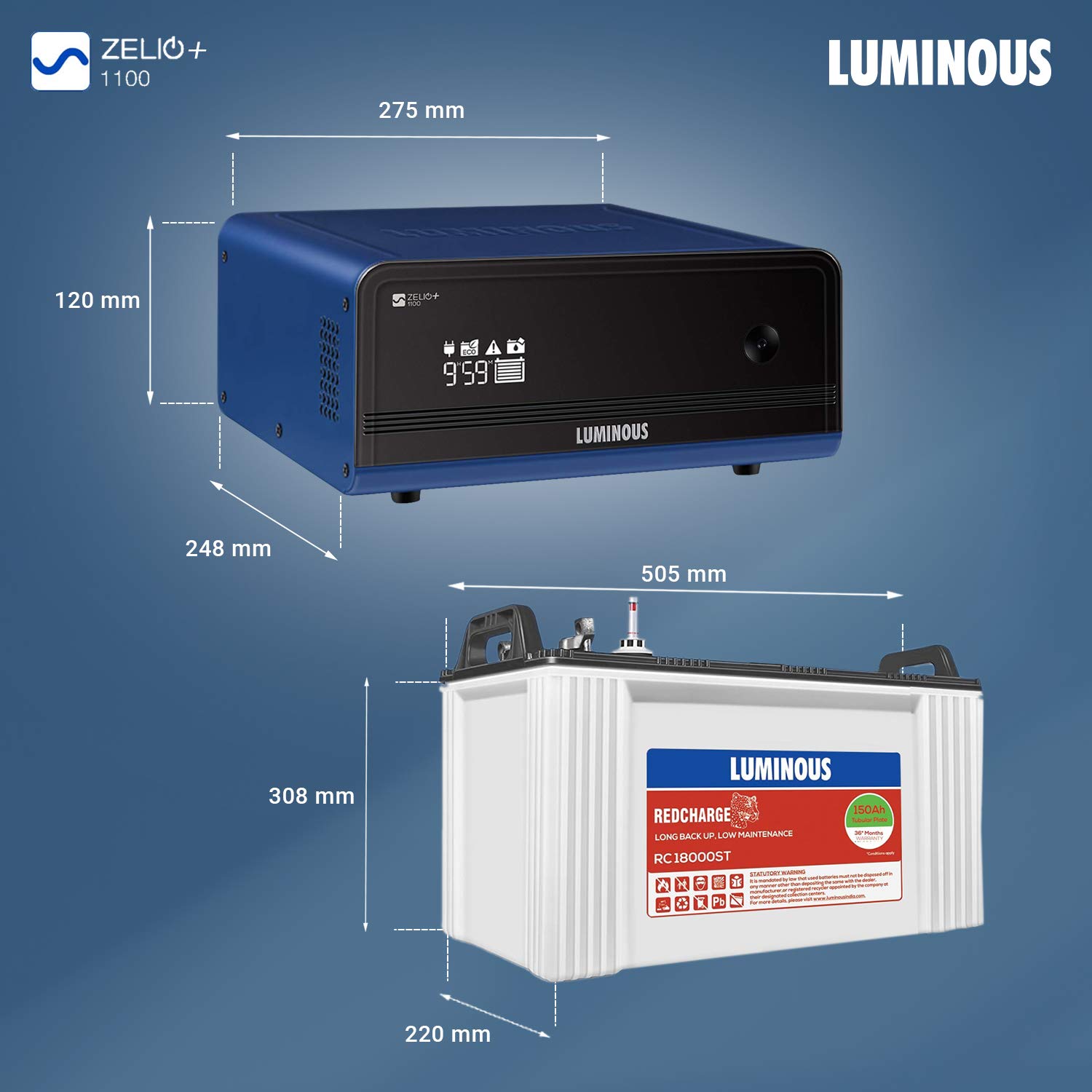 Luminous Zelio+ 1100 Pure Sine Wave UPS, RC 18000ST 150 Ah Short Tubular Battery combo for Home, Office & Shops