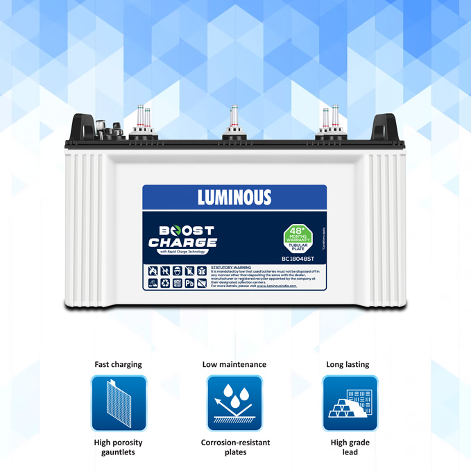 Luminous Boost Charge BC 16048ST Tubular Inverter Battery 48 Months Warranty for Home, Office & Shops