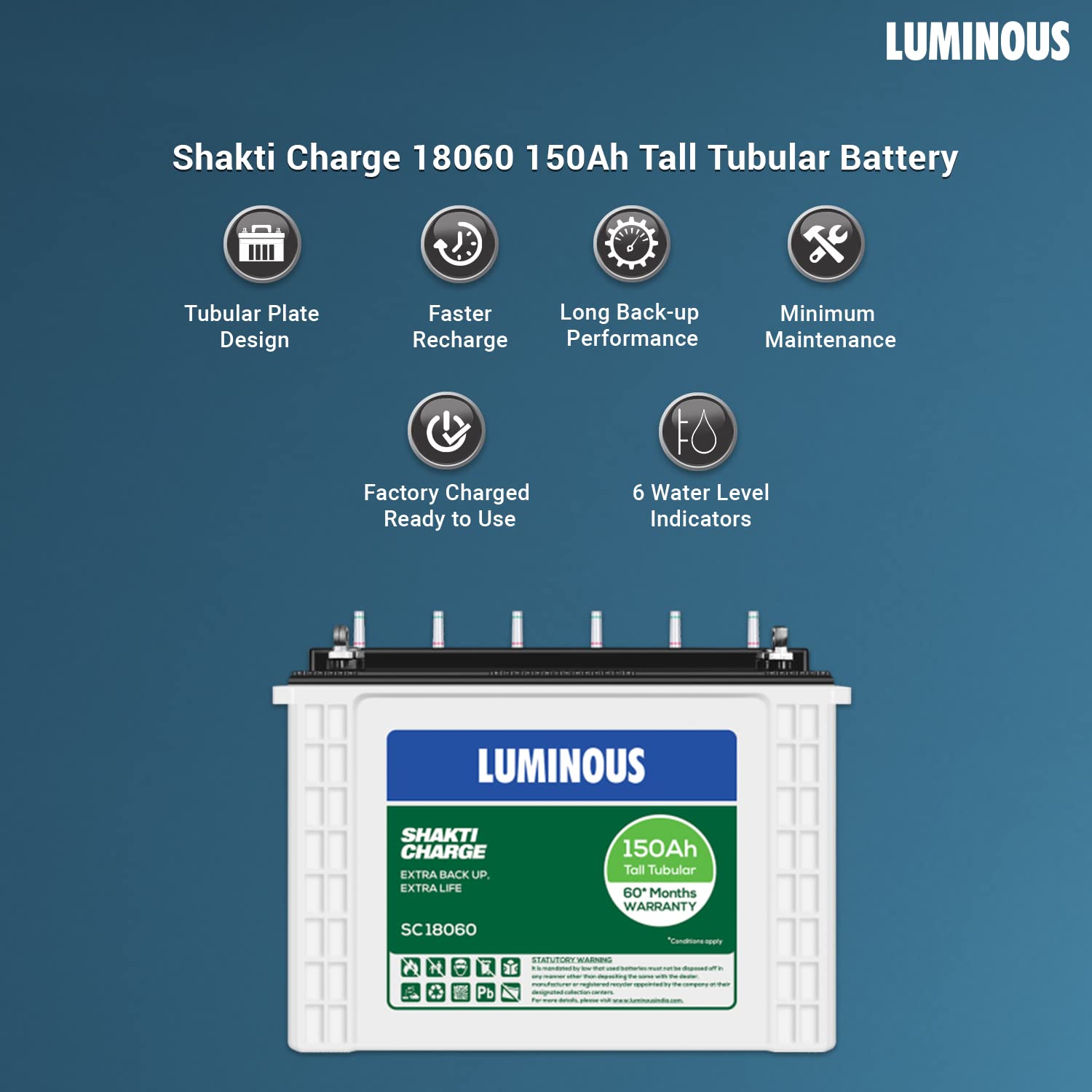 Luminous Shakti Charge SC18060 150Ah Tall Tubular Inverter Battery with 60 Months Warranty for Home, Office & Shops