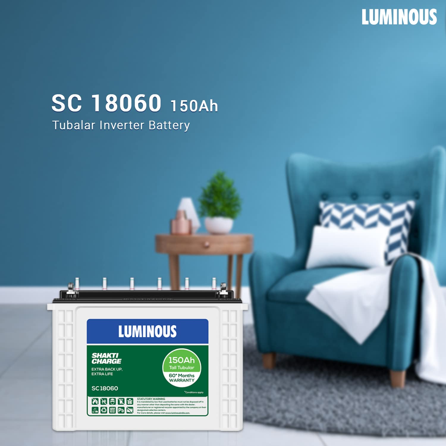 Luminous Shakti Charge SC18060 150Ah Tall Tubular Inverter Battery with 60 Months Warranty for Home, Office & Shops