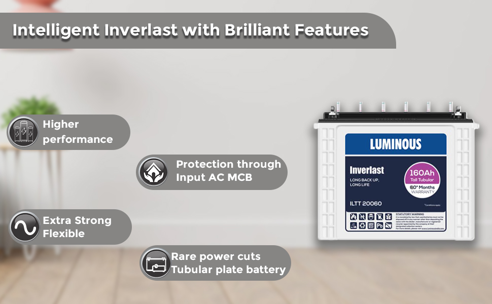 Luminous Inverlast ILTT20060 160 Ah Tall Tubular Inverter Battery with 60 Months Warranty for Home, Office & Shops